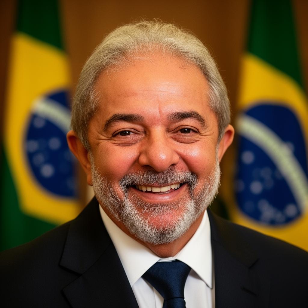 Presidente Lula sorrindo com a bandeira do Brasil ao fundo